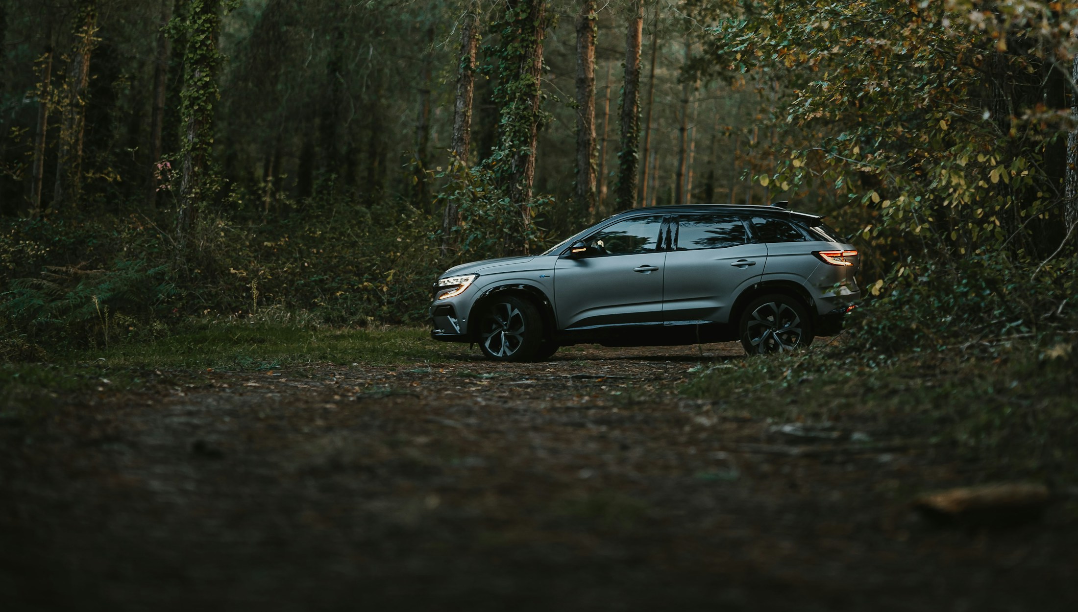 An SUV on a scenic road surrounded by greenery